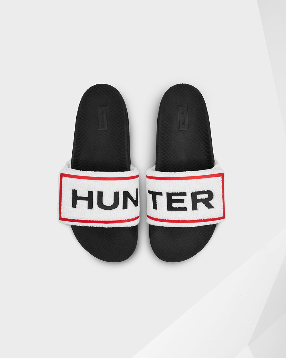 Womens Hunter Slides Black/White - Original Terry Towelling Logo Adjustable - 9034781-KC